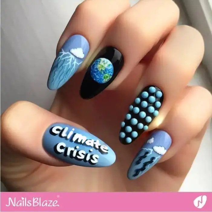 Blue and Black Climate Change Solutions Nail Design | Climate Crisis Nails - NB2646